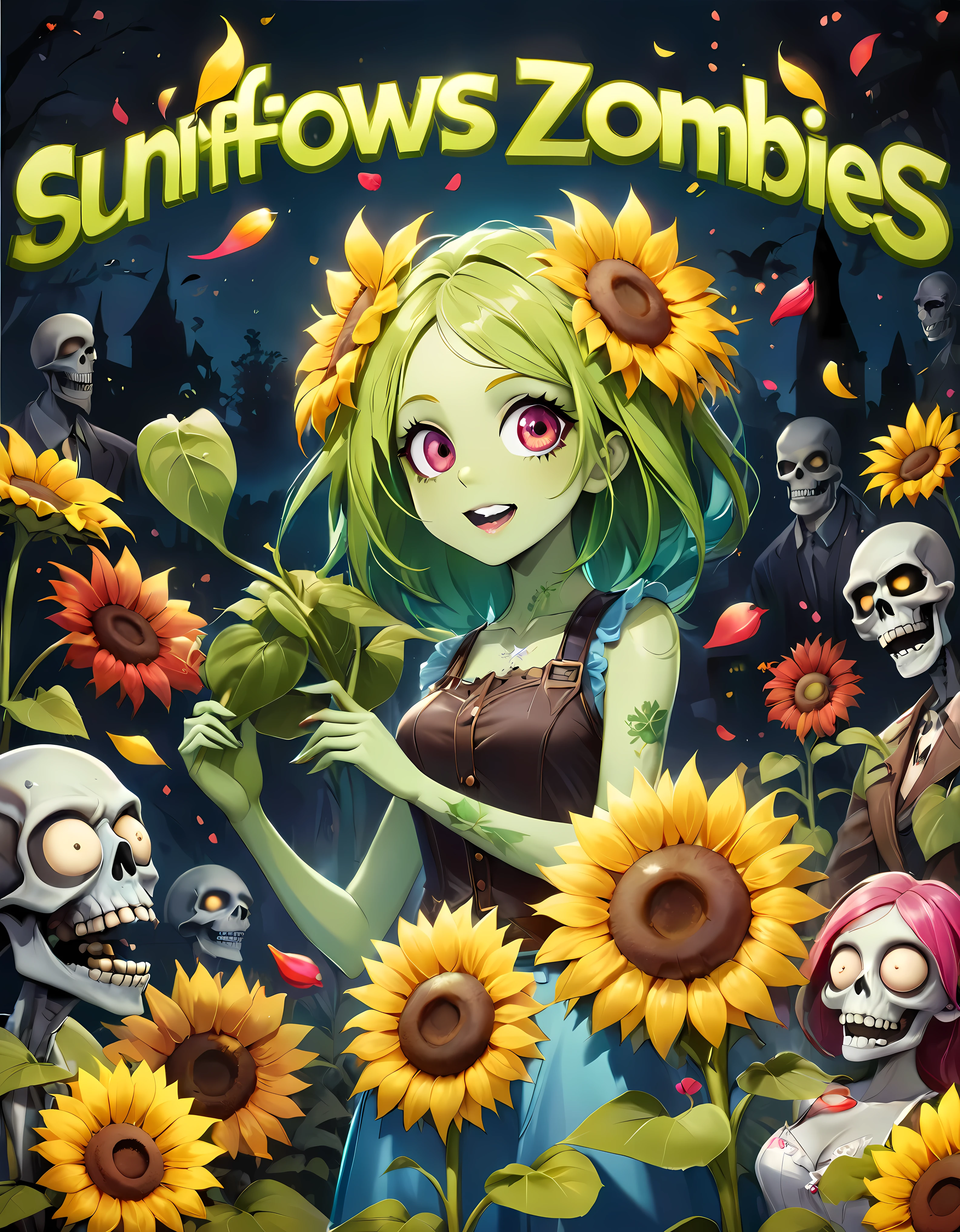 ((Masterpiece in maximum 16K resolution):1.6),((soft_color_illustration)1.5), ((Ultra-Detailed):1.4) | Create a humorous poster inspired by John Collier's painting 'Lilith' but reimagined for the Plants vs. Zombies universe. In this version, a female zombie from the game, posed elegantly in the center. She should have a playful and mischievous expression, with cartoonish features characteristic of the game, such as exaggerated eyes and a lopsided smile. She wears tattered, but comically stylish clothing that matches her zombie theme. | ((Sunflower with lifelike appearances and expressive faces. The sunflower should have bright, colorful petals and leaves, with eyes, mouths, and other facial expressions that convey personality and emotion. Their stems and leaves should be rendered in a way that makes them appear lively and full of character, engaging with their surroundings in a playful and interactive manner.):1.2), ((Each plant should retain its distinctive Plant vs Zombie whimsical appearance, with bright colors and friendly faces.):1.2). | The background should be a mix of gothic elegance and playful elements from the game, such as a moonlit garden scene with tombstones and fences, but with a lighthearted and cartoonish twist. | The overall design should balance the classic, detailed art style of the original painting with the playful, colorful, and whimsical elements of the Plants vs. Zombies universe, creating a fun and engaging parody poster. . | ((perfect_composition, perfect_design, perfect_layout, perfect_detail, ultra_detailed)), ((enhance_all, fix_everything)), More Detail, Enhance.