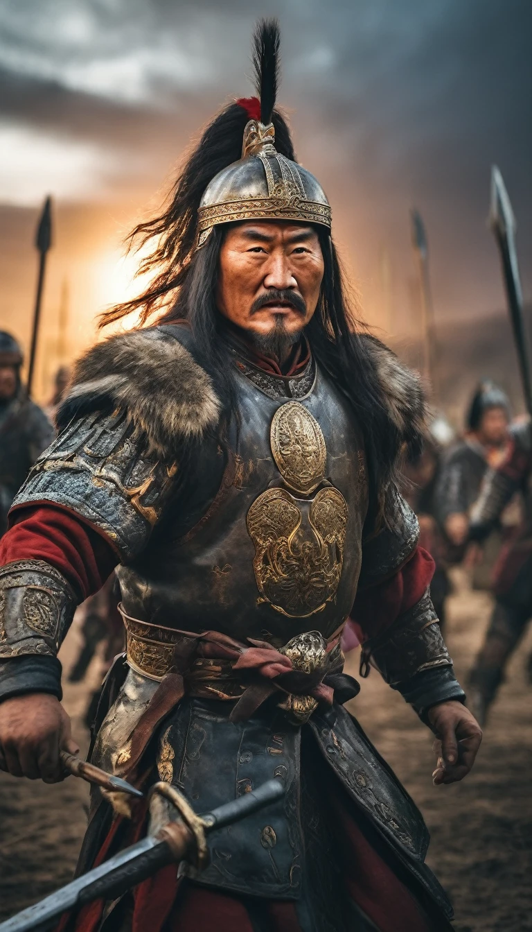 Genghis Khan’s warriors charging into battle with unmatched ferocity, background dark gold sun, hyper realistic, ultra detailed hyper realistic, photorealistic, Studio Lighting, reflections, dynamic pose, Cinematic, Color Grading, Photography, Shot on 50mm lens, Ultra-Wide Angle, Depth of Field, hyper-detailed, beautifully color, 8k