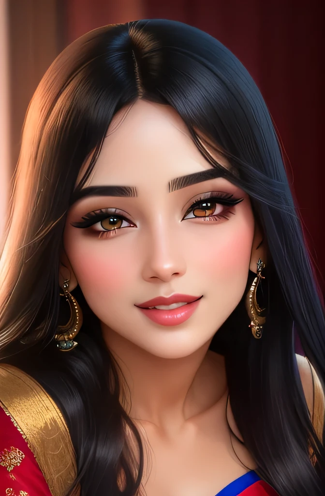 Amazing portrait of a sexy woman with a beautiful face having long straight black hair with detailed eyes and detailed lips wearing some elegant earrings and a navy blue saree with silver embroidery as she's seductively gazing and smiling and blushing intensely with a perfect and hot body 