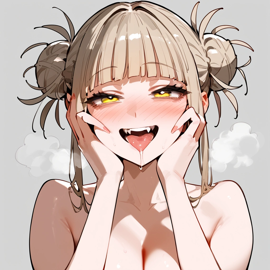 anime artwork, score_9, score_8_up, score_7_up, score_6_up, score_5_up, score_4_up, floox style    //////Himiko toga, big breasts, she is 24 years old, style_3, , , , naked,, yellow eyes, solo, nude,, smile, ,   grey background, simple background , , ,hands on face, AMAZING!, ahegao, , , full-face blush, saliva drop,  , steam, deep breath, , , steaming body,  face close-up, she get fucked