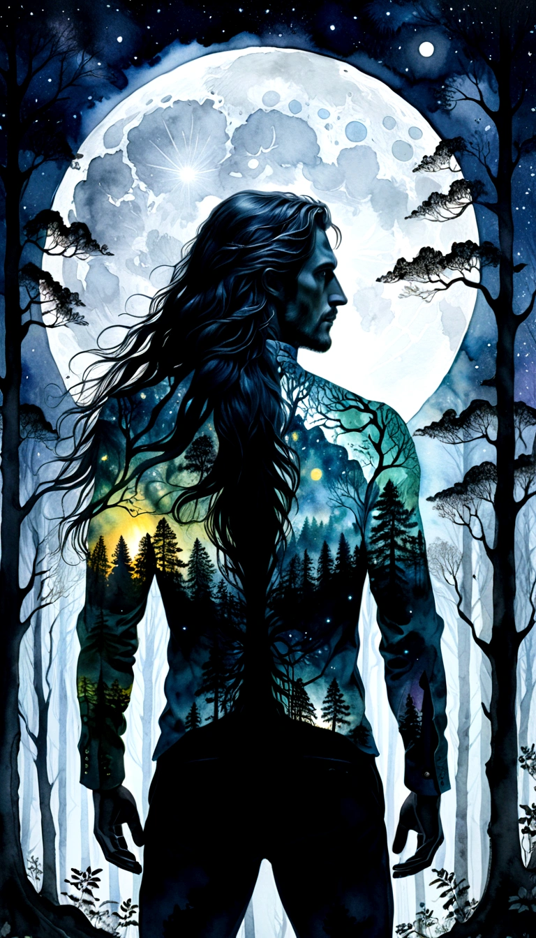 Silhouette Art Double Exposure Tall Long Haired Man'Back in the woods under the bright light of the full moon、Man in meticulous and realistic detail's back detail clear art surrealism detail complex anatomy correct,texture,Artistic masterpiece art style detailed brushwork watercolor illustration ,A vibrant masterpiece (Highest quality)、beautiful