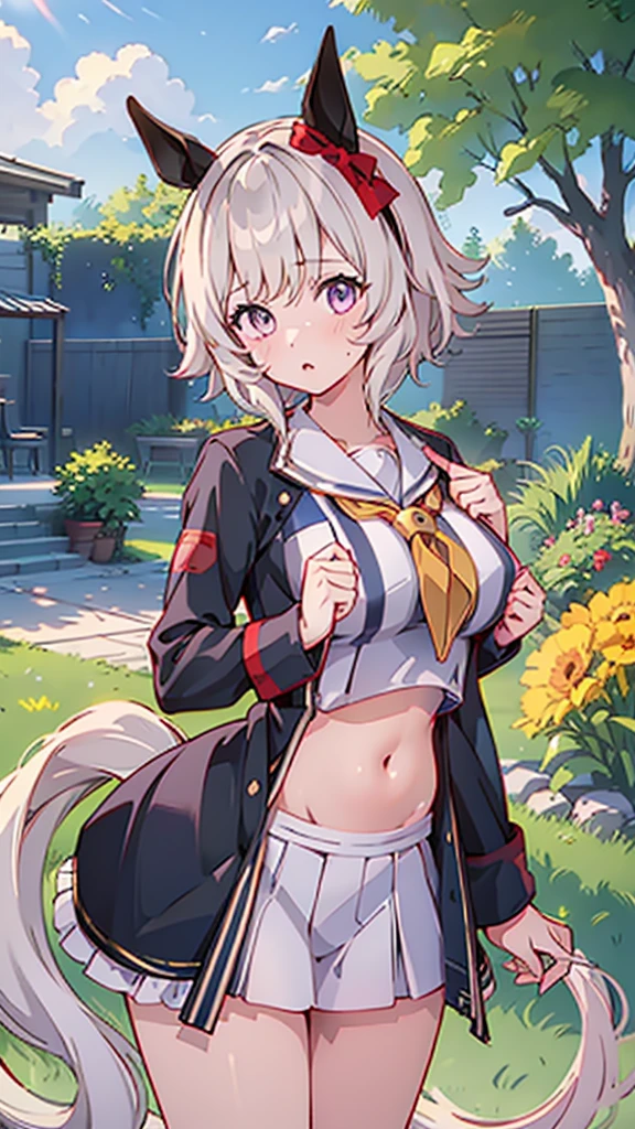 Highest quality,masterpiece, Highest Resolution, nsfw, Sailor uniform, 1 girl, topless, huge breasts,pink nipple, belly button,outdoor, blush, standing, horse ears, horse tail