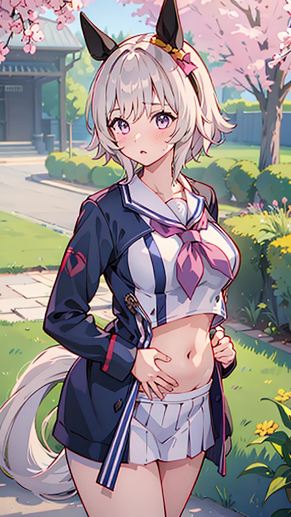Highest quality,masterpiece, best resolution, nsfw, 1 girl, sailor uniform, topless, huge breasts,pink nipple, belly button,outdoor, blush, standing, horse ears, horse tail