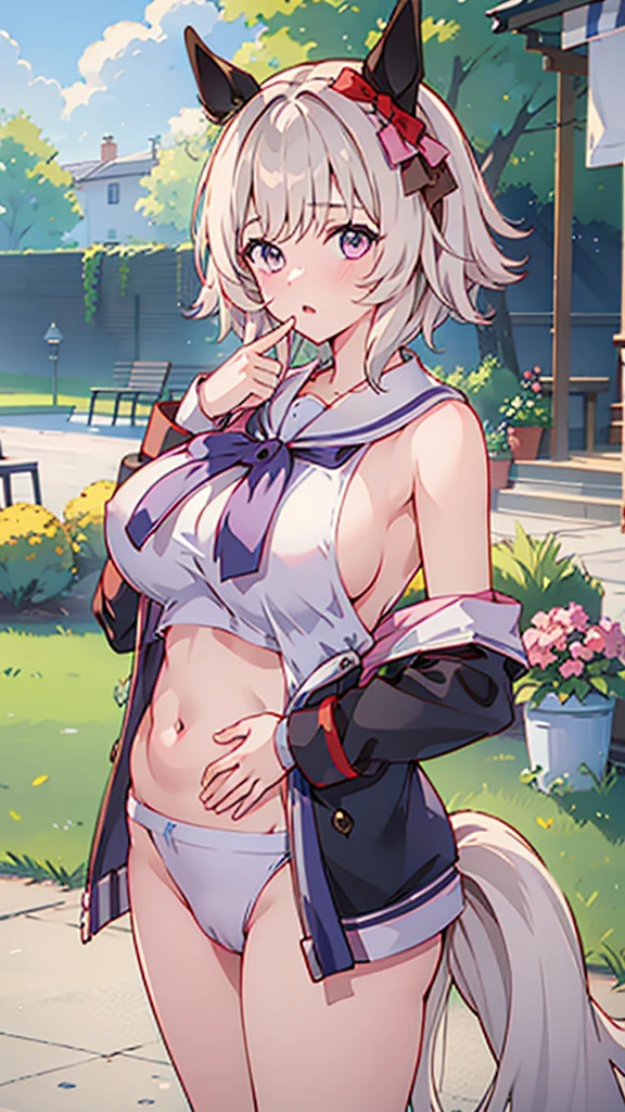 Highest quality,masterpiece, Highest Resolution, nsfw, Sailor uniform, 1 girl, topless, huge breasts,pink nipple, belly button,outdoor, blush, standing, horse ears, horse tail