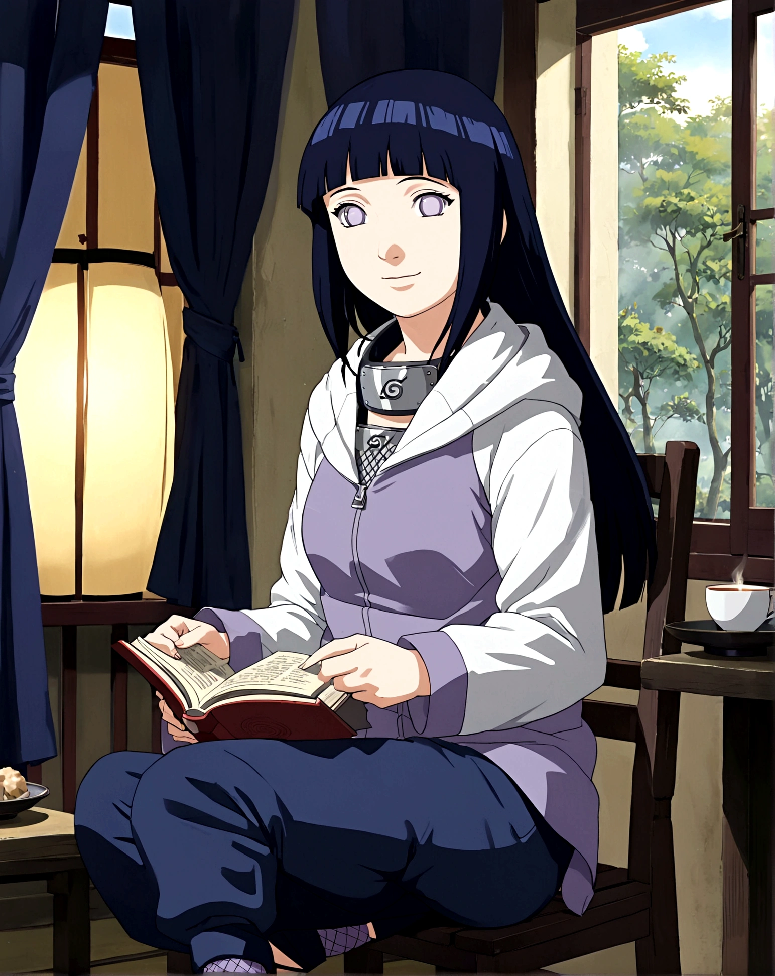 1girl, Hinata Hyuga, sitting in a rocking chair by the window, holding a book in hand, looking out gently. The sun shines through the curtains, illuminating the whole room. The hot tea and exquisite Dim sum on the small table add a bit of elegance to life. The warmth and tranquility of a weekend afternoon, The entire scene is filled with a sense of peace and happiness, as if it can bring a moment of peace to the soul, long hair, blunt bangs, dark blue hair, white eyes, no pupils, forehead protector, konohagakure symbol, purple and white hooded jacket, fishnets, blue pants, holster, bandage on thigh, open sandals, hoodie, zipper, seductive smile, looking at viewer, (masterpiece, best quality, Professional, perfect composition, very aesthetic, absurdres, ultra-detailed, intricate details:1.3)