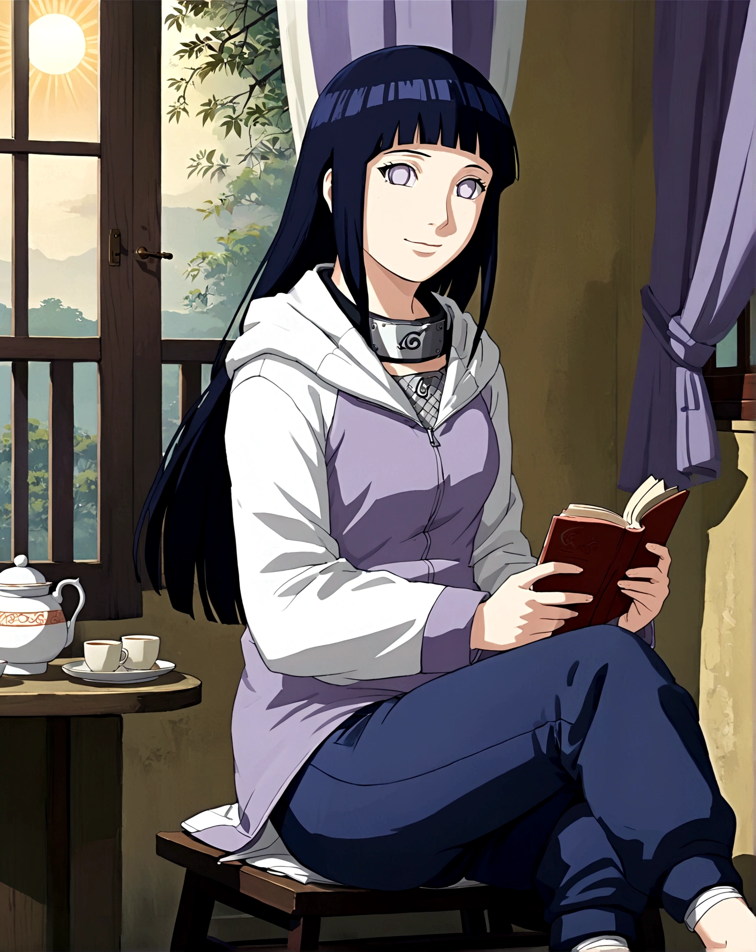 1girl, Hinata Hyuga, sitting in a rocking chair by the window, holding a book in hand, looking out gently. The sun shines through the curtains, illuminating the whole room. The hot tea and exquisite Dim sum on the small table add a bit of elegance to life. The warmth and tranquility of a weekend afternoon, The entire scene is filled with a sense of peace and happiness, as if it can bring a moment of peace to the soul, long hair, blunt bangs, dark blue hair, white eyes, no pupils, forehead protector, konohagakure symbol, purple and white hooded jacket, fishnets, blue pants, holster, bandage on thigh, open sandals, hoodie, zipper, seductive smile, looking at viewer, (masterpiece, best quality, Professional, perfect composition, very aesthetic, absurdres, ultra-detailed, intricate details:1.3)