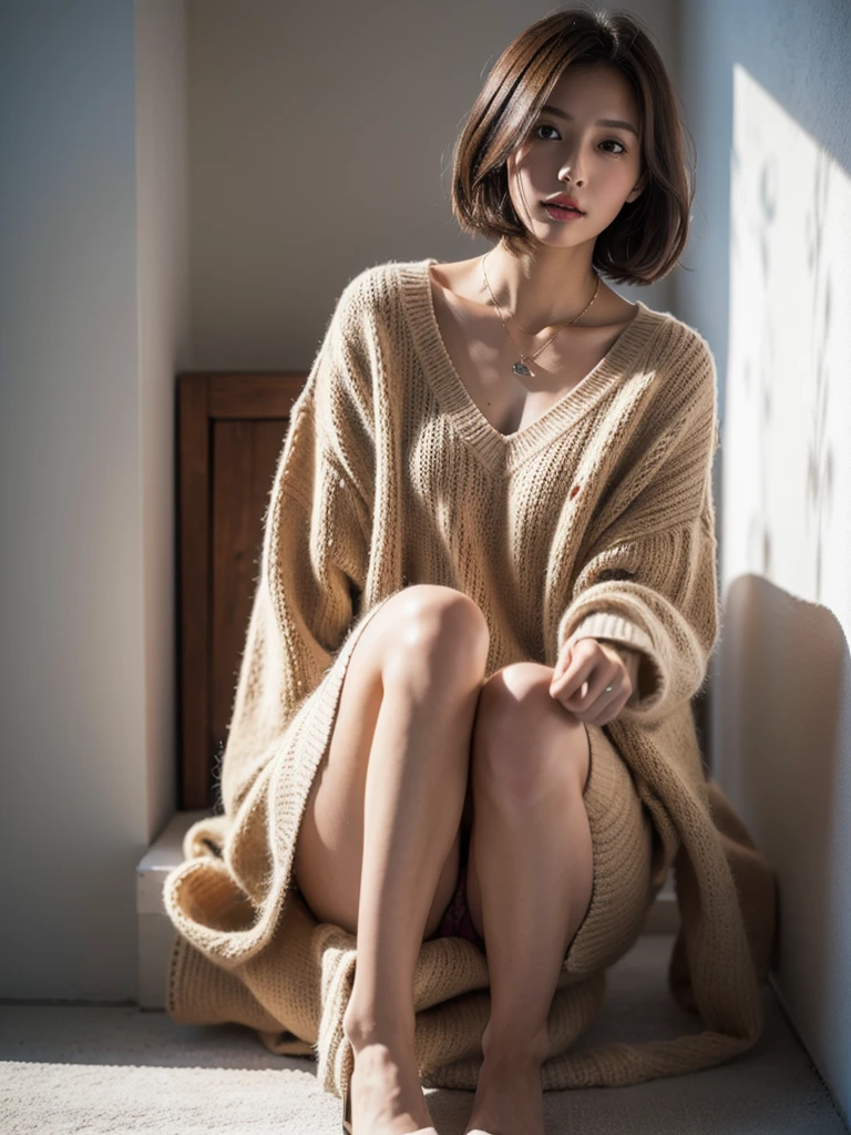 ((masutepiece,top-quality)), (photographrealistic:1.4),((masutepiece,8K))、white wall、(white room)、((full body photo))、shot in natural light、Highly detailed face and skin texture、highly detailed lips、correct state of the human body、Super high resolution、(Photoreal:1.4)、top quality, 1 beautiful woman, 38 years old, s, 150mm lens、Light yellow Knit、(Dark brown medium shorthair)、Japanese woman、(dark brown hair)、Versatile poses、looking at the camera、Natural color lip、Winter clothes、 necklace、Outdoor