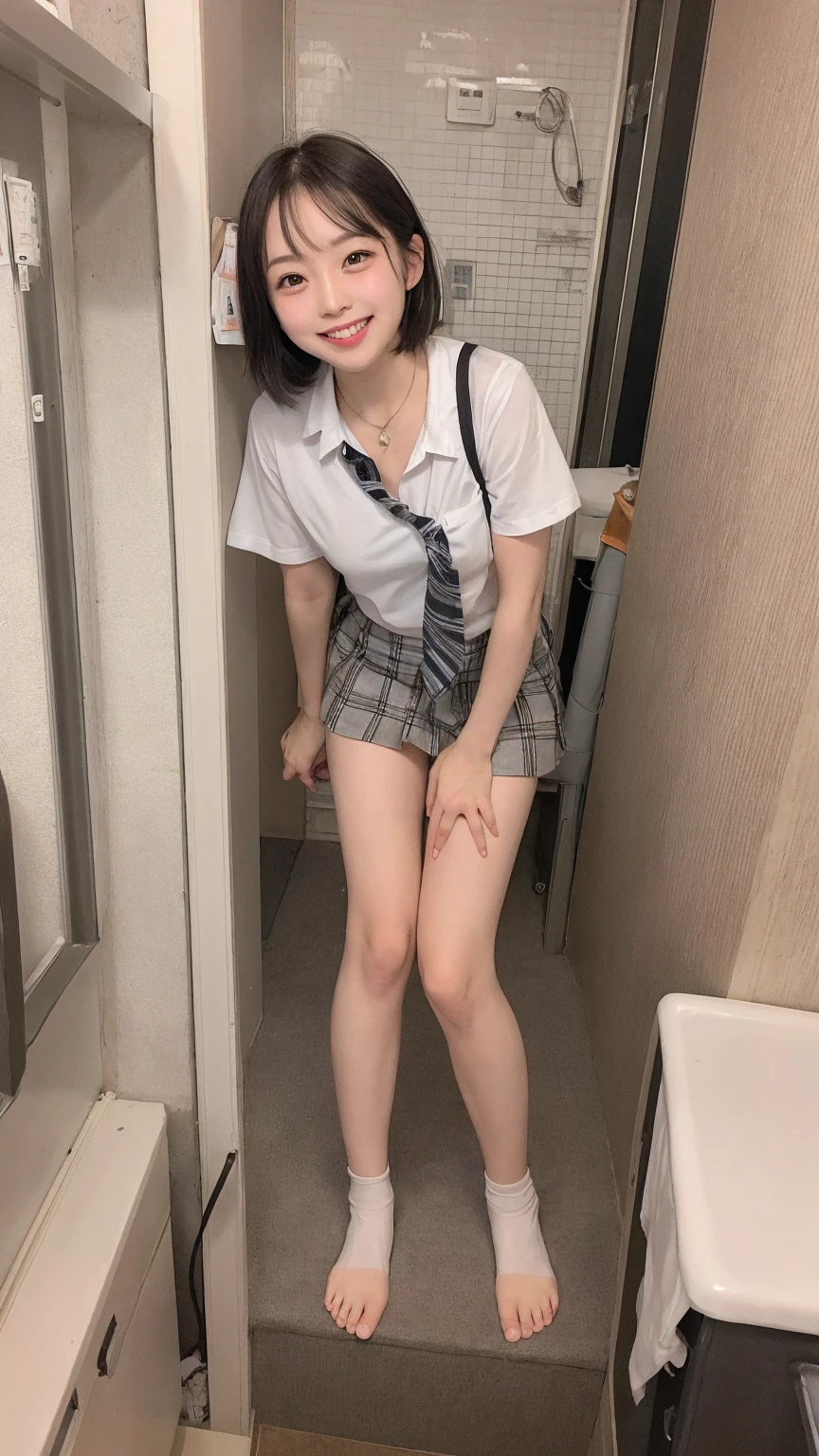 Japanese schoolgirl、Exposing the chest、shirt、Loose tie、Very short checked skirt、Sockless feet、Sexy 、whole body、Shooting from below、Thin thighs、necklace、smile、Short-haired twin-tailed