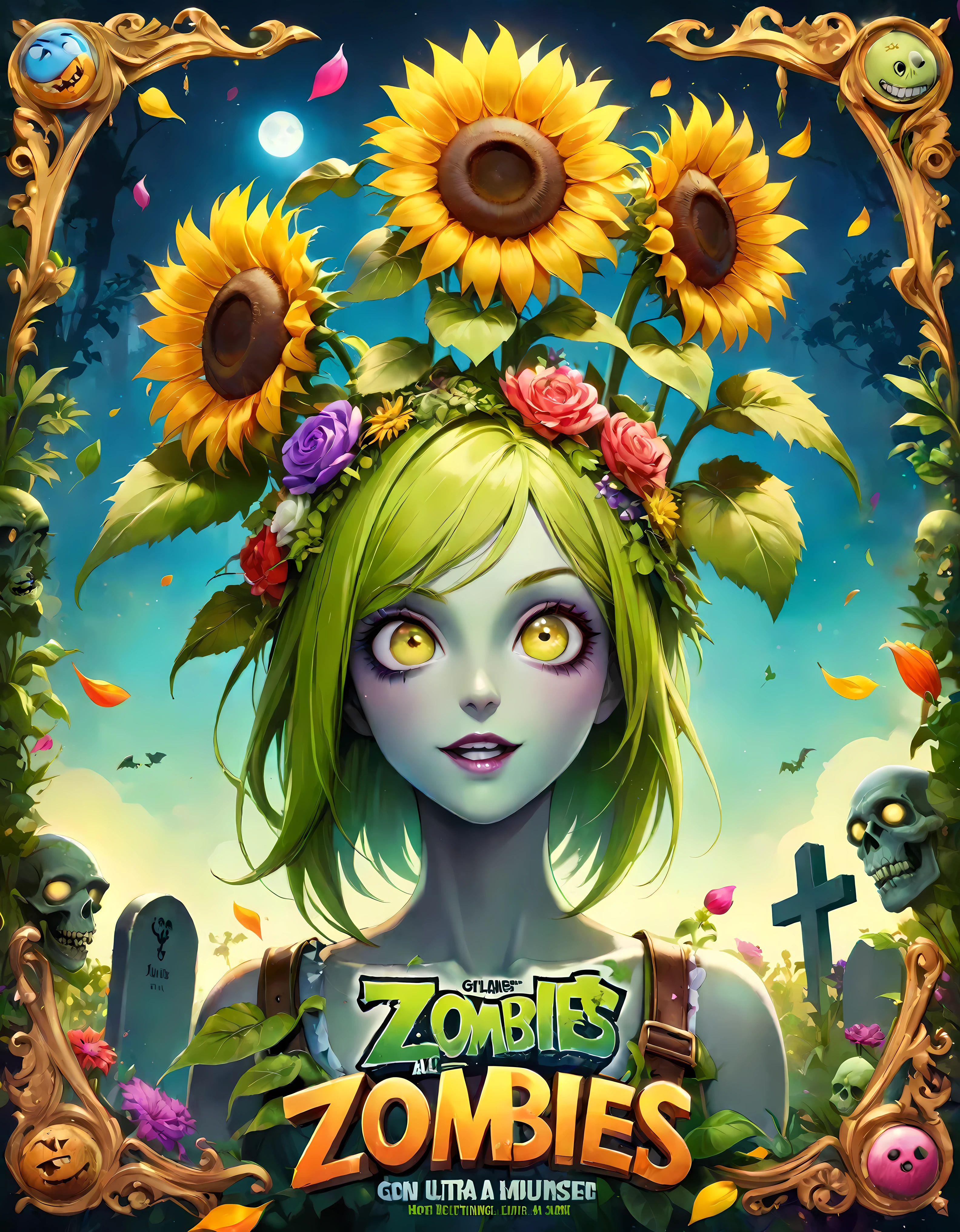 ((Masterpiece in maximum 16K resolution):1.6),((soft_color_illustration)1.5), ((Ultra-Detailed):1.4) | Create a humorous poster inspired by John Collier's painting 'Lilith' but reimagined for the Plants vs. Zombies universe. In this version, a female zombie from the game, posed elegantly in the center. She should have a playful and mischievous expression, with cartoonish features characteristic of the game, such as exaggerated eyes and a lopsided smile. She wears tattered, but comically stylish clothing that matches her zombie theme. | ((Sunflower with lifelike appearances and expressive faces. The sunflower should have bright, colorful petals and leaves, with eyes, mouths, and other facial expressions that convey personality and emotion. Their stems and leaves should be rendered in a way that makes them appear lively and full of character, engaging with their surroundings in a playful and interactive manner.):1.2), ((Each plant should retain its distinctive Plant vs Zombie whimsical appearance, with bright colors and friendly faces.):1.2). | The background should be a mix of gothic elegance and playful elements from the game, such as a moonlit garden scene with tombstones and fences, but with a lighthearted and cartoonish twist. | The overall design should balance the classic, detailed art style of the original painting with the playful, colorful, and whimsical elements of the Plants vs. Zombies universe, creating a fun and engaging parody poster. . | ((perfect_composition, perfect_design, perfect_layout, perfect_detail, ultra_detailed)), ((enhance_all, fix_everything)), More Detail, Enhance.

