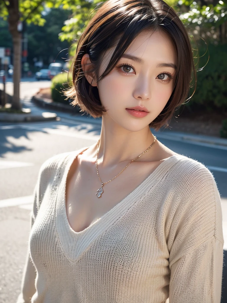 ((masutepiece,top-quality)), (photographrealistic:1.4),((masutepiece,8K))、white wall、(white room)、((full body photo))、shot in natural light、Highly detailed face and skin texture、highly detailed lips、correct state of the human body、Super high resolution、(Photoreal:1.4)、top quality, 1 beautiful woman, 38 years old, s, 150mm lens、Light yellow Knit、(Dark brown medium shorthair)、Japanese woman、(dark brown hair)、Versatile poses、looking at the camera、Natural color lip、Winter clothes、 necklace、Outdoor