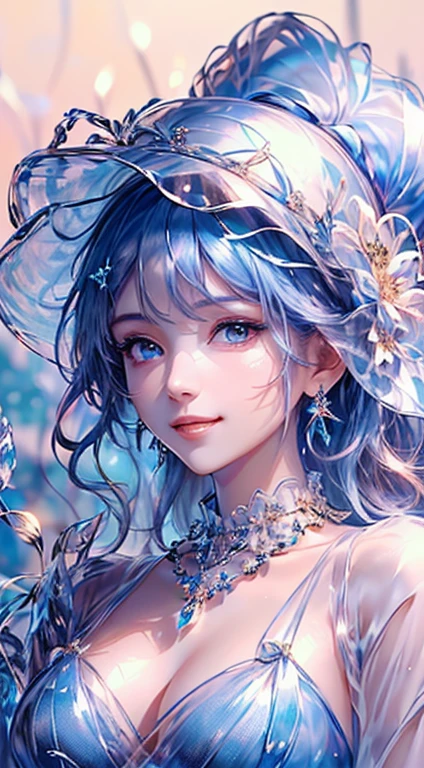 masterpiece,Highest Resolution,((((Bow your head and smile)))),Dynamic avatar of a beautiful aristocratic girl,Her blue hair is elegantly curled,(((Wearing a large flower crown、Bucket hat,gem,Diamond Necklace))),Purple transparent eyes,(((The hair is covered with beautiful and delicate floral crafts, crystal jewelry filigree))),Ultra-detailed details。