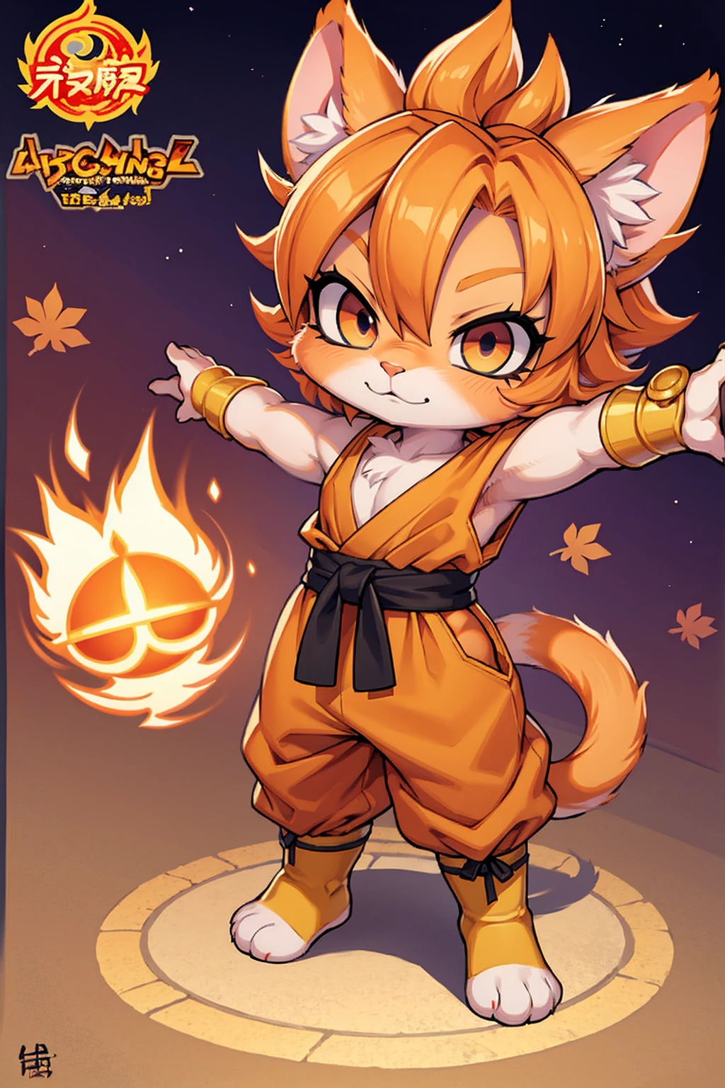 a cat warrior character, cat ears, furry, (full body:1.2) , chibi, advanced digital chibi art, g liulian art style, maplestory mouse, bian lian, chibi art, league of legends art style, character art of maple story, ((view at the viewer)), (((son goku costume)))