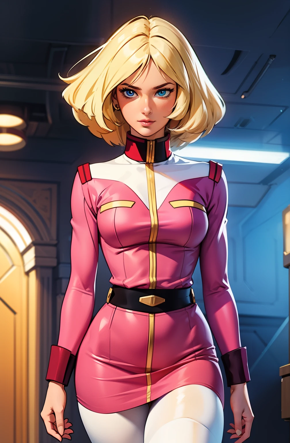 ((masterpiece)), ((cinematic lighting)), realistic photo、Real Images、Top image quality、1girl in, sayla mass, Elegant, masterpiece, Convoluted, slim arms, wide hips, thick thighs, thigh gaps, Best Quality, absurderes, high face detail, Perfect eyes, mature, Cowboy Shot, , Vibrant colors, soft pink uniform, soft pink Skirt, white tights