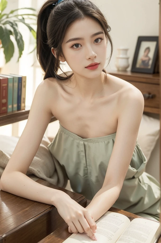 (((best quality))),(((ultra detailed))),(((masterpiece))),illustration,((1 beautiful girl, college student,solo)),((slim,thin,small breasts,flat chest)),(short ponytail:1.2),(strapless bra:1.2), studying, books, dormitory, summer afternoon, sky, gloomy shadow, bed, wooden desk, bookshelf, soft warm light, lamp, gentle glow, almond-shaped eyes, textbooks, daydreaming, beach, cities, vacation, smile, pen, highlighting, notebook, dates,cushion, portable fan, soothing breeze, summer heat, herbal tea, thirst, potted plants, greenery, vibrant leaves, cozy atmosphere, determined expression, excel exams, summer break, intelligence, determination, achieve goals,((from front,close-up of face))