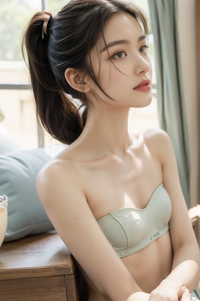 (((best quality))),(((ultra detailed))),(((masterpiece))),illustration,((1 beautiful girl, college student,solo)),((slim,thin,small breasts,flat chest)),(short ponytail:1.2),(strapless bra:1.2), studying, books, dormitory, summer afternoon, sky, gloomy shadow, bed, wooden desk, bookshelf, soft warm light, lamp, gentle glow, almond-shaped eyes, textbooks, daydreaming, beach, cities, vacation, smile, pen, highlighting, notebook, dates,cushion, portable fan, soothing breeze, summer heat, herbal tea, thirst, potted plants, greenery, vibrant leaves, cozy atmosphere, determined expression, excel exams, summer break, intelligence, determination, achieve goals,((from front,close-up of face))