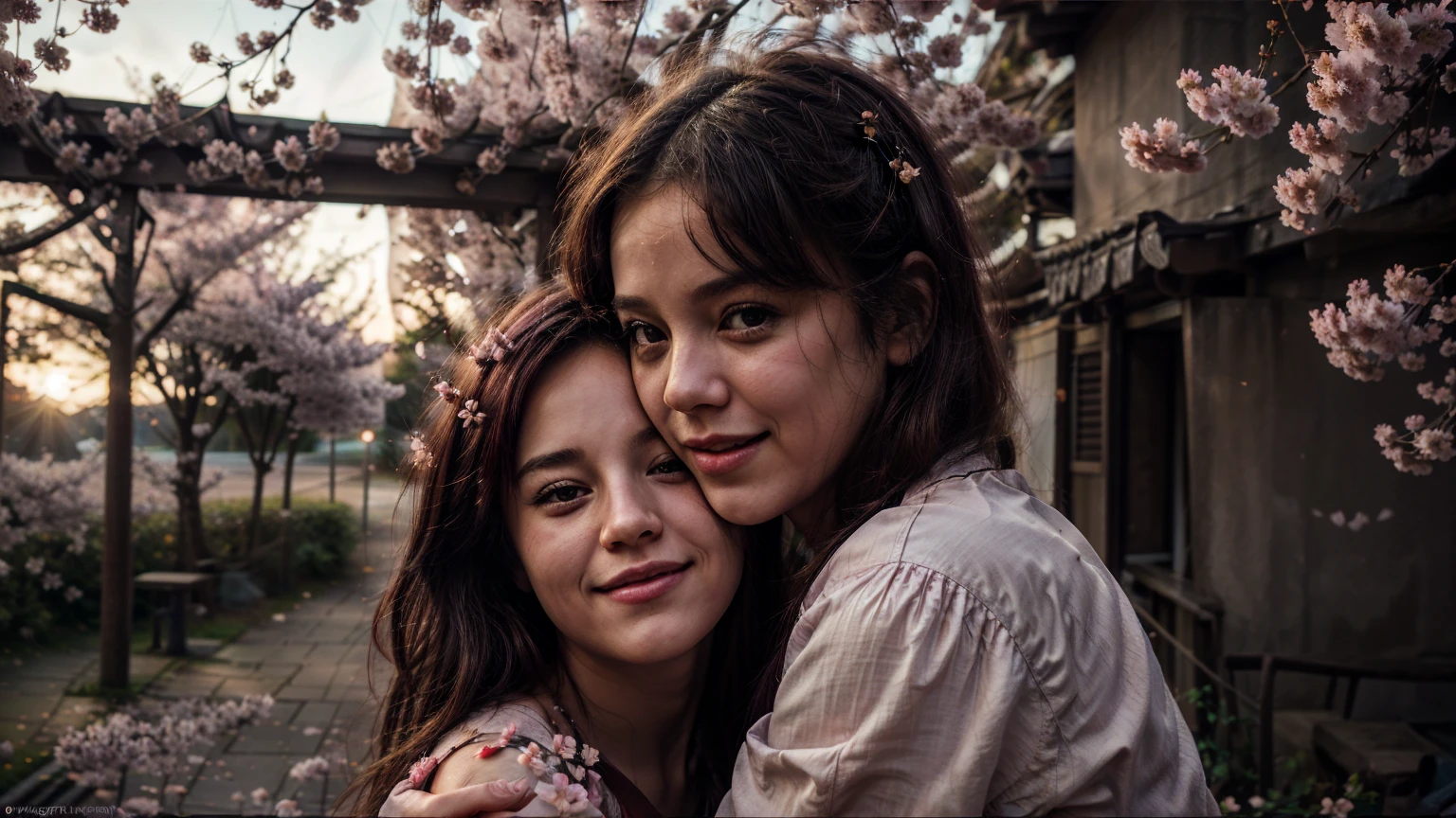 (Girl Hug man), 1man,1girl,hug, look at each other, Sunset in the background, (happy face), (Perfect face:1.1), Masterpiece, Of the highest quality, Colorful cinematic lighting, portrait photography, dappled light, romantic, HDR, Very detailed, Hasselblad, 8k, Hyper realistic, F1.4 opening, 8mm film grain, Cinestill 800, (falling pink petals), (((delicate cherry blossoms in the background)))