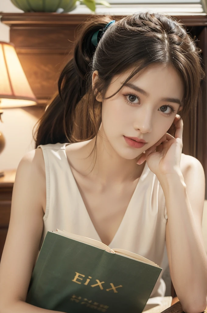 (((best quality))),(((ultra detailed))),(((masterpiece))),illustration,((1 beautiful girl, college student,solo)),((slim,thin,small breasts,flat chest)),(short ponytail:1.2),(sleeveless shirt:1.2), studying, books, dormitory, summer afternoon, sky, gloomy shadow, bed, wooden desk, bookshelf, soft warm light, lamp, gentle glow, almond-shaped eyes, textbooks, daydreaming, beach, cities, vacation, smile, pen, highlighting, notebook, dates, stretching legs, cushion, portable fan, soothing breeze, summer heat, herbal tea, thirst, potted plants, greenery, vibrant leaves, cozy atmosphere, determined expression, excel exams, summer break, intelligence, determination, achieve goals,((from front,upper body))