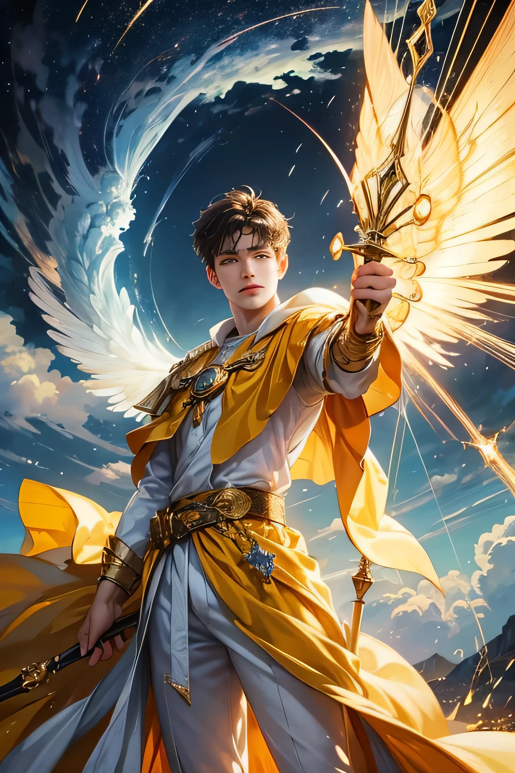 "Create an ultra-realistic image of a handsome, young male fairy, around 13 years old, with magnificent large wings that capture the essence of the sky and thunder. He should be holding a magical staff that emanates the energy of the sky and crackling thunder. Dress him in an elegant, varied yellow outfit that reflects the brilliance and dynamism of the sky. Surround him with elements like swirling clouds and flashes of lightning to showcase his connection to these elements. Include a distinct sky or thunder symbol or design on his body, signifying his role as the keeper of the deep sky and thunder, and highlighting the powerful celestial energy he embodies within him."