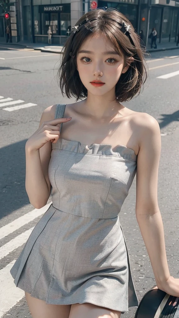 ((Best quality, 8K, tmasterpiece:1.3)), focal point:1.2,Bust photo,upper legs,Ultra-realistic skin texture,Beautiful woman with perfect body:1.4, Upturned buttocks:1.2, ((Cut hair into layers, normal:1.2)), , (Sateen, the street:1.3), Bandeau Dress:1.1, Highly Detailed Face and Skin Textur, Detailed eyes, double eyelid,Whitening Skin,Long gray hair,(with a round face:1.5),Superskirt,nipple bump,Drenched