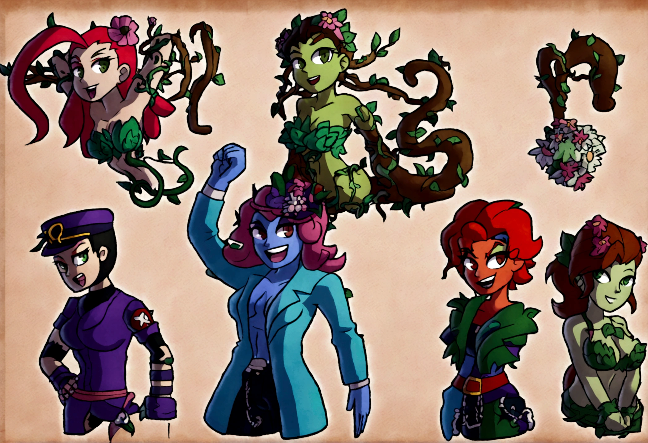 DC character 'poison ivy' has animated plant (thorn,vine,flower) beasts to demolish a horde of zombie (rotten people) emerging from a swap, moonlit swamp, show the epic battle of plants vs. zombies