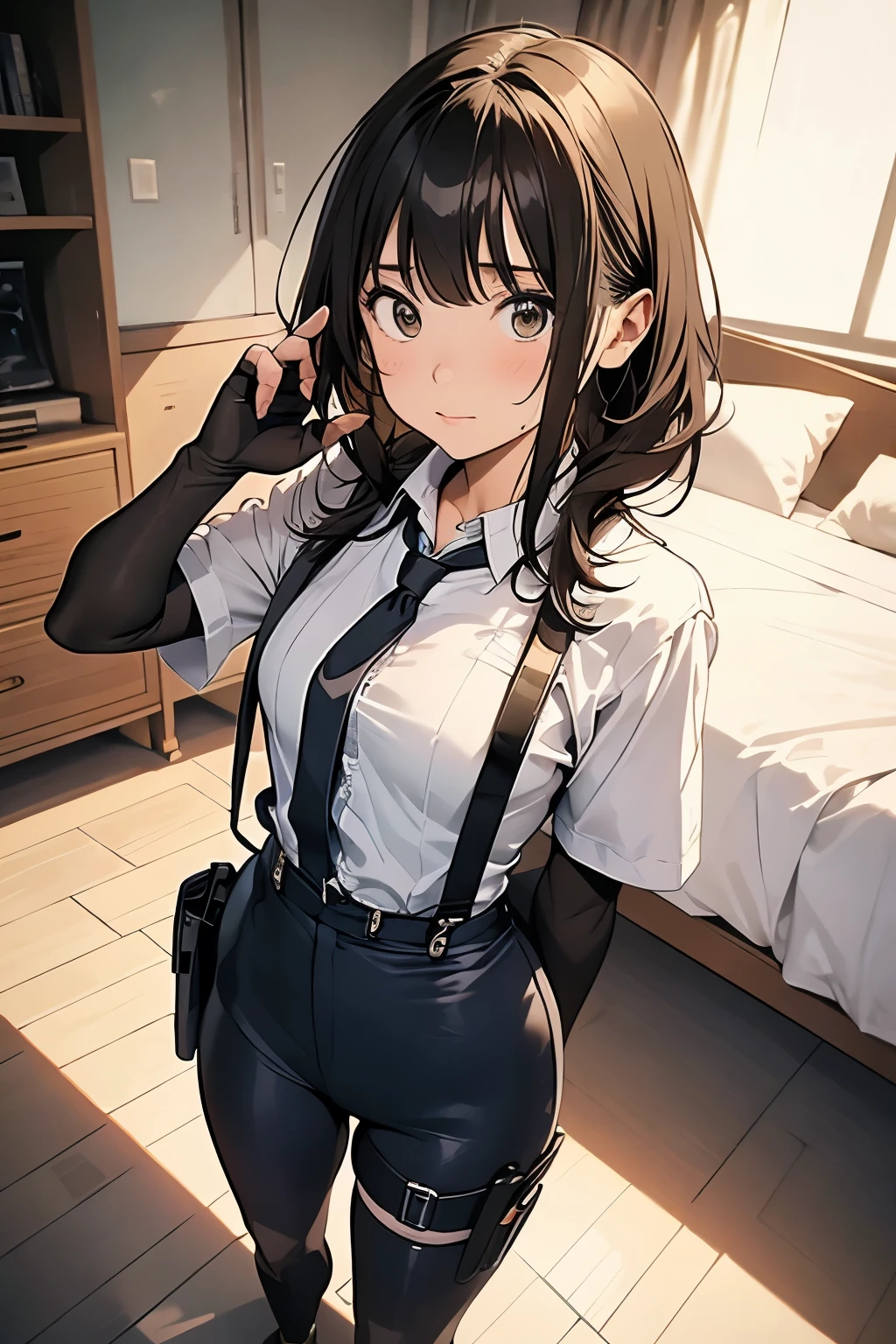   1 female, , high quality, masterpiece, Ultra-high resolution, , Cinema Lighting, , ,  And the suspenders with the cranes flying　　　Moderate breasts　 　 　　　　Small face　 　　　holster　　　　　　　 Lying in bed　Looking up　　　　Sweat 　　　belt　summer　脇Sweat 　Black Hole Gloves　suit　shirt　　Black jacket　 Black trousers　Leg Links　ズボンにbelt　　holster　 　　Hands behind your back　 Anxious expression　Looking up　Anxious face, legs apart　