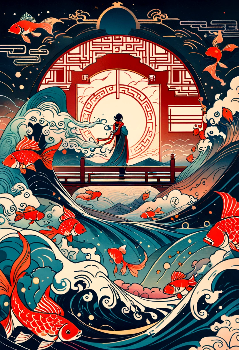 huge arch leading,a person's back,illustration poster design, graphic design,gold and red,Chinese epic style,beautiful ancient Chinese architecture, auspicious clouds, goldfish, exaggerated waves, flowers, water flow, abstract illustration, edge light, dream, fantasy, fireworks, vector line illustration, surrealism,8k
