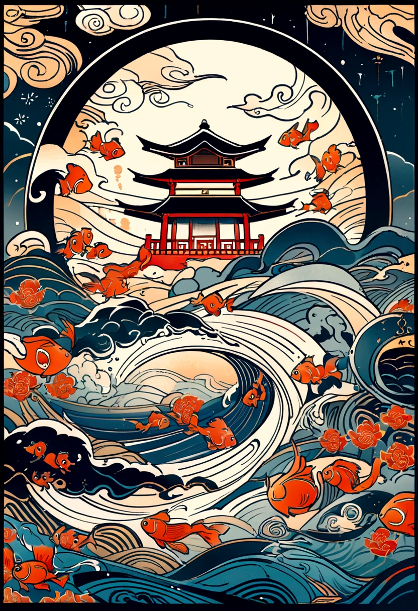 huge arch leading,a person's back,illustration poster design, graphic design,gold and red,Chinese epic style,beautiful ancient Chinese architecture, auspicious clouds, goldfish, exaggerated waves, flowers, water flow, abstract illustration, edge light, dream, fantasy, fireworks, vector line illustration, surrealism,8k