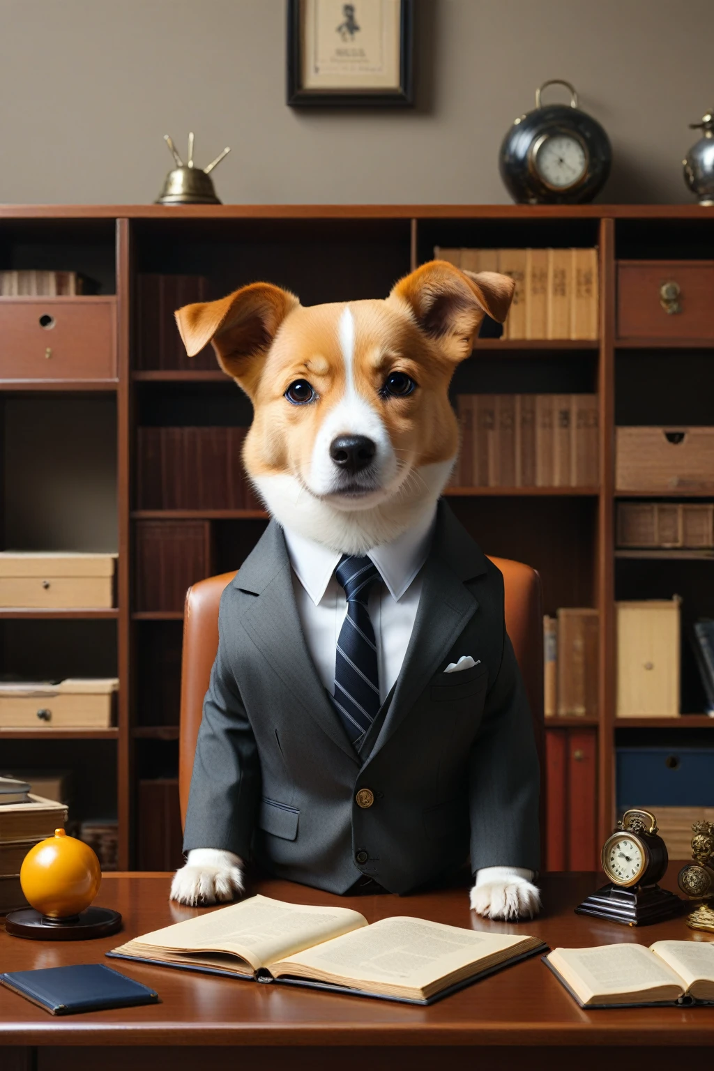A dog in a suit peering at you from across a desk、Cute Characters、Center composition、looking at the camera、