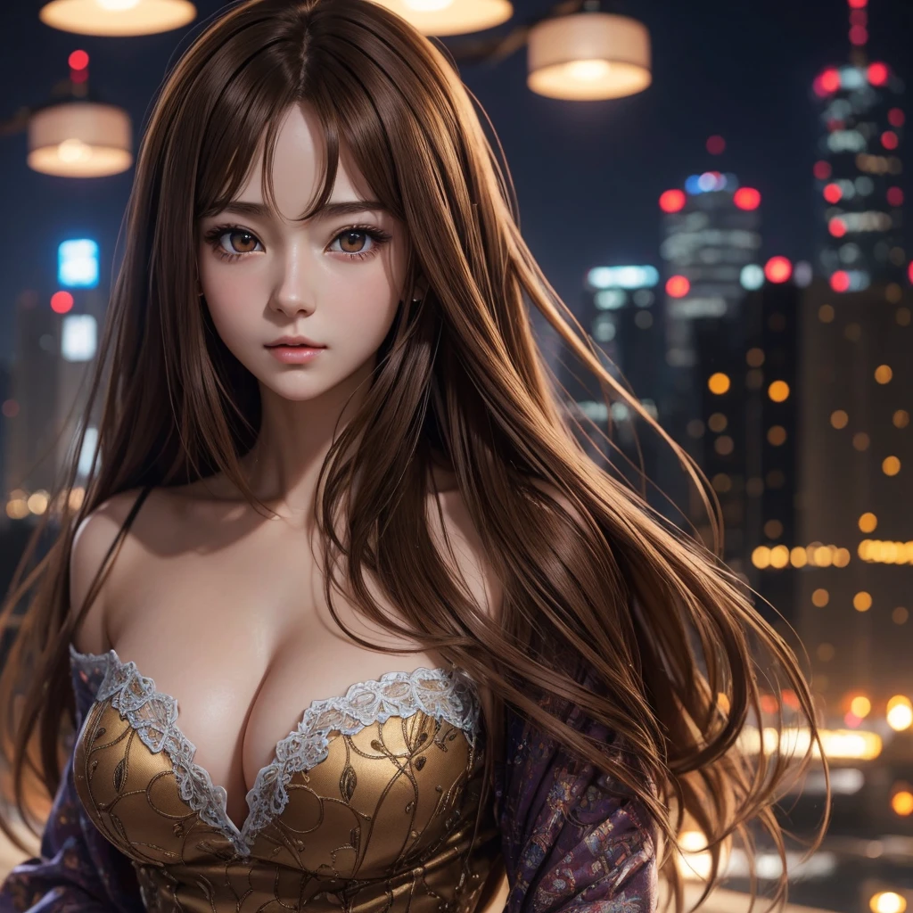 Anime, masterpiece, best quality, extremely detailed, hyperrealistic, photorealistic, Anime young girl 20 years, portrait of a face, perfect very beautiful body, long brown hairs, big perky breasts, realistic skin, ultra detailed face:1.1, modern city, night, megapolis