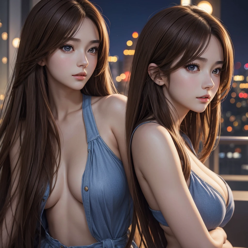 Anime, masterpiece, best quality, extremely detailed, hyperrealistic, photorealistic, Anime young girl 20 years, portrait of a face, perfect very beautiful body, long brown hairs, big perky breasts, realistic skin, ultra detailed face:1.1, modern city, night, megapolis
