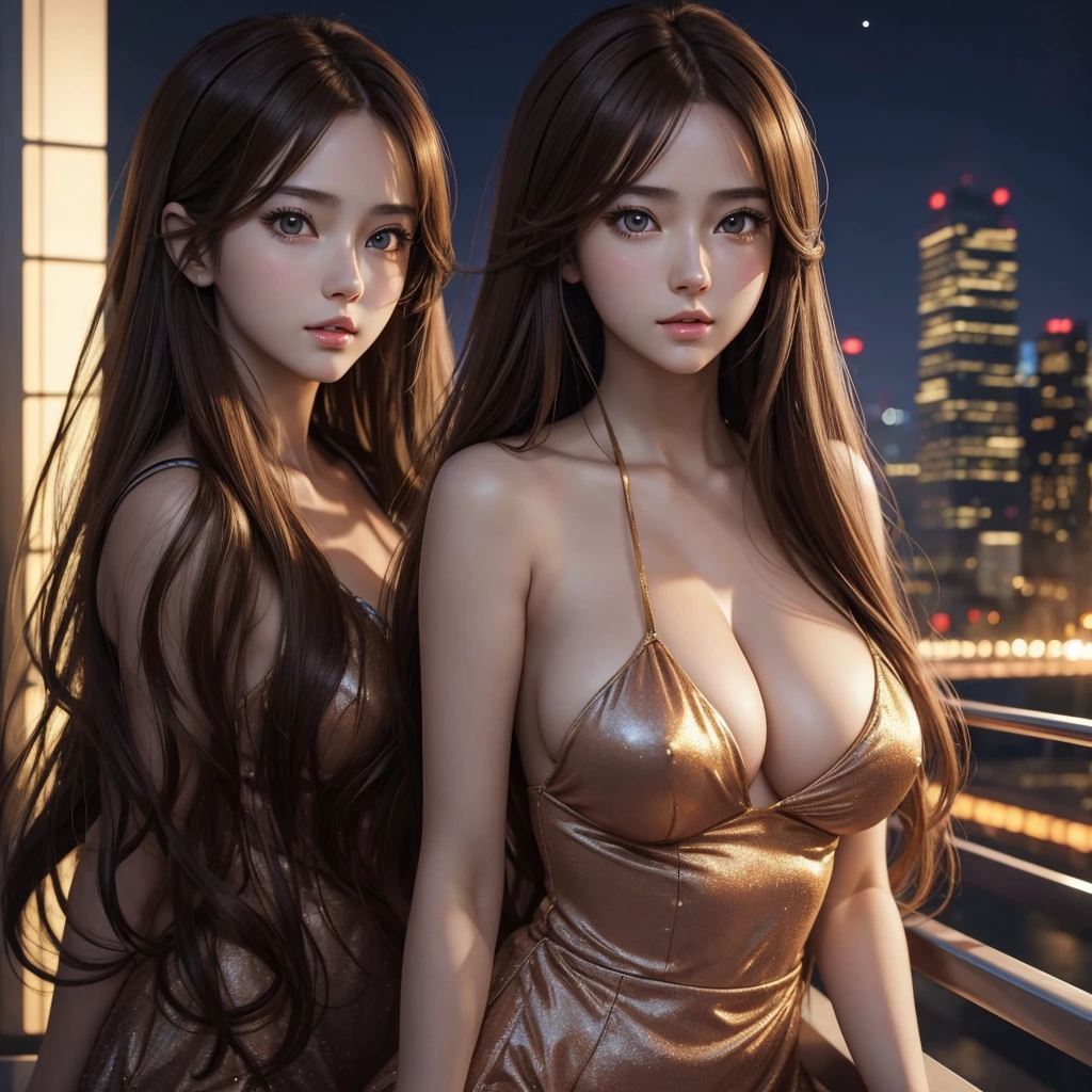 Anime, masterpiece, best quality, extremely detailed, hyperrealistic, photorealistic, Anime young girl 20 years, portrait of a face, perfect very beautiful body, long brown hairs, big perky , realistic skin, ultra detailed face:1.1, modern city, night, megapolis