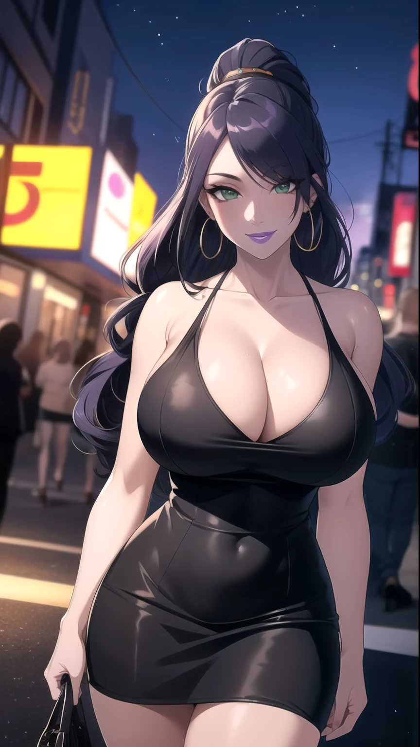 (masterpiece, High resolution, Highest quality:1.3), Professional artwork, 8K, Very detailed, complicated,  Vivid image, Sharp focus, Trending on pixiv
Aishwaryalei, alone, Mature Woman, 40 years old, Mature Woman, Curvy,  Pause, night_null, City lights, smile, View your viewers, 
Black Hair, Long Hair, ponytail, (Hair on one eye:0.8), Circlet, Purple lips, compensate, Green Eyes, Hoop Earrings, Perfect Eyes, Perfect Face, Ultra detailed hair, Detailed face,
, dress, Shiny, Outdoor, nightclub,
Curvy, (Thighs:0.7), Nipple slip, Huge breasts, Cleavage,lure
