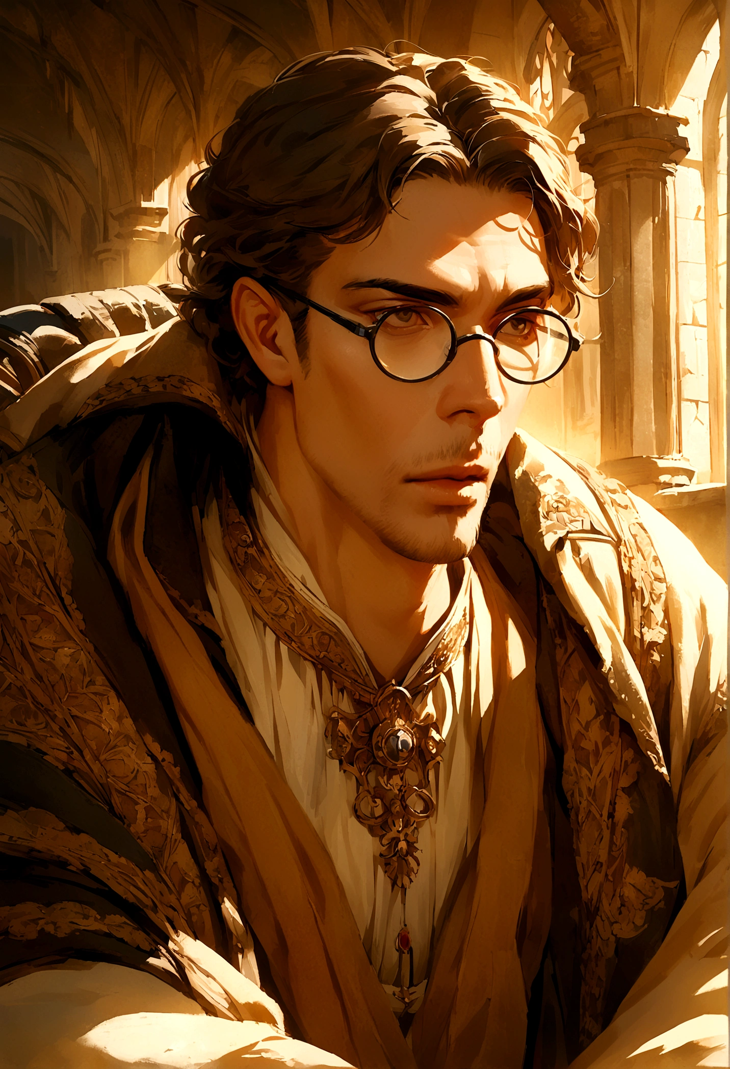 a man adult, wearing professor glasses, using a wheelchair, at a research center in the medieval era, intricate detailed portrait, hyperrealistic, highly detailed, masterpiece, anime, pixiv, dramatic lighting, cinematic, chiaroscuro, beautiful ornate architecture, ornate medieval laboratory, complex scientific apparatus, old parchment texture, warm color palette, chiaroscuro lighting, dramatic shadows