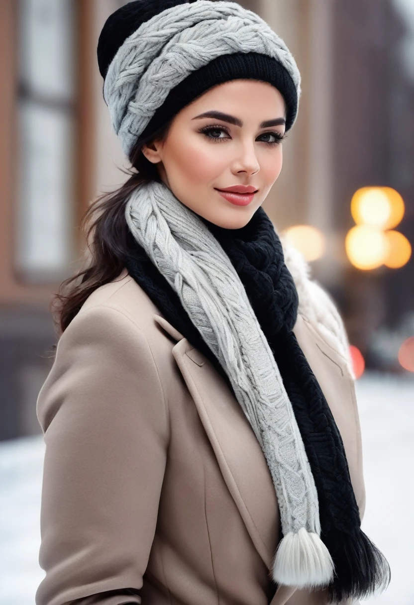 ✅Hair with braid and winter scarf a sophisticated businesswoman, with black hair braided on the sides and down to the shoulders, Linda, elegant and sophisticated in formal clothes and blazer and winter and the winter scarf with fur PASHMINA winter elegant chic and fashion and with winter cap on the head. She is 26 years old. she must have her mouth closed, Linda maquiagem, your hand must be ultra HD realistic human. With well-groomed and realistic hands, she poses for a photo shoot and close-up shots. photo 3d 4k