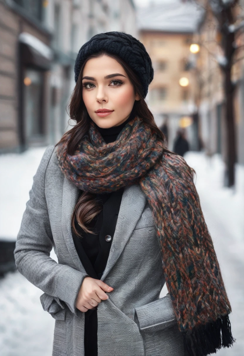 ✅Hair with braid and winter scarf a sophisticated businesswoman, with black hair braided on the sides and down to the shoulders, Linda, elegant and sophisticated in formal clothes and blazer and winter and the winter scarf with fur PASHMINA winter elegant chic and fashion and with winter cap on the head. She is 26 years old. she must have her mouth closed, Linda maquiagem, your hand must be ultra HD realistic human. With well-groomed and realistic hands, she poses for a photo shoot and close-up shots. photo 3d 4k