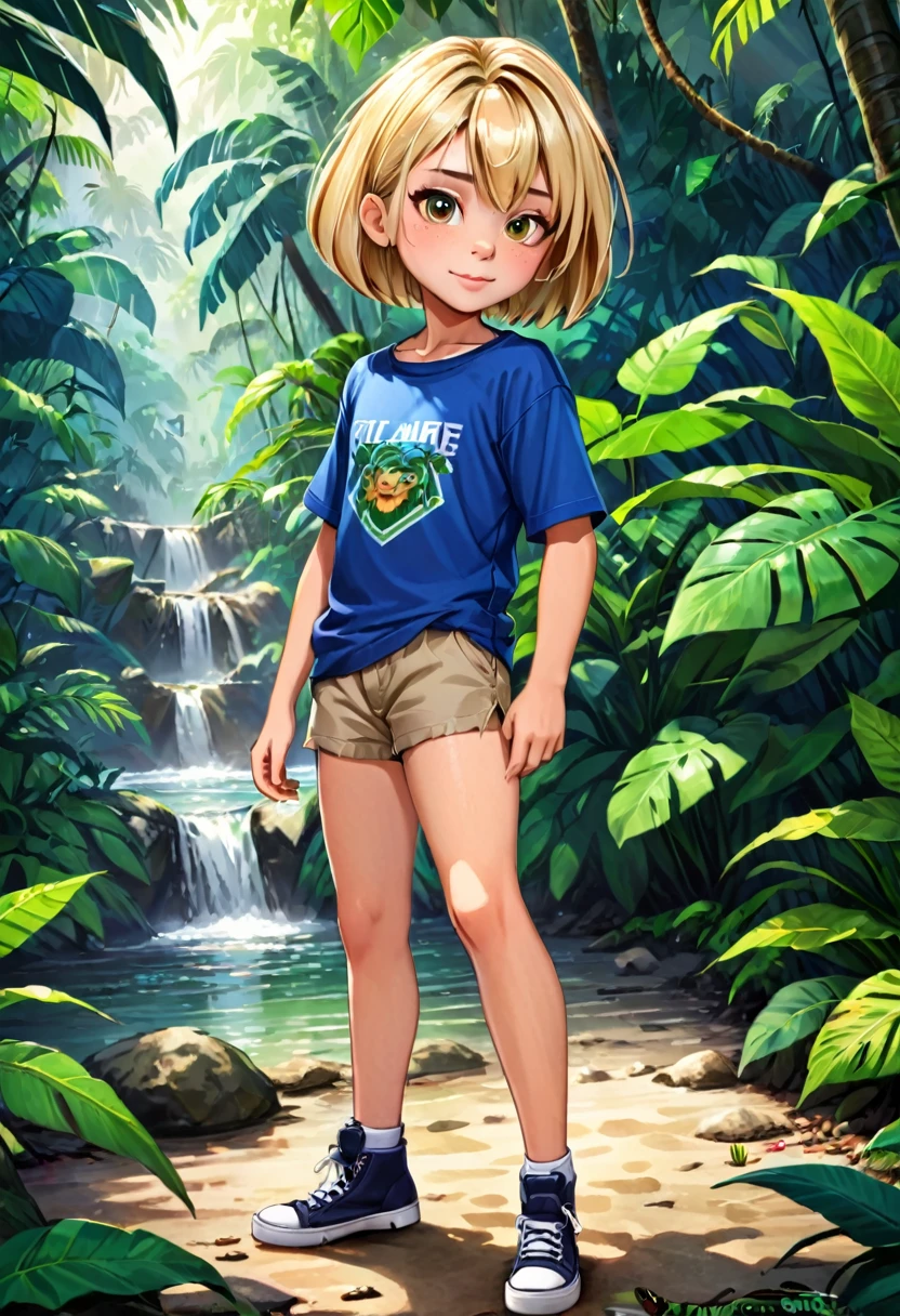 a handsome cute , blonde bob haircut, 1500 outfit, at the jungle