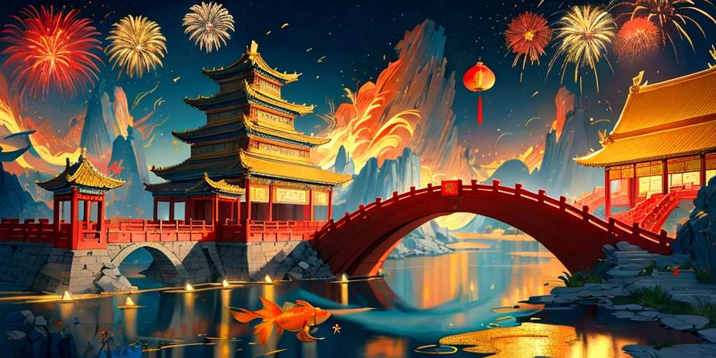 huge arch leading,a person's back,illustration poster design, graphic design,gold and red,Chinese epic style,beautiful ancient Chinese architecture, auspicious clouds, goldfish, exaggerated waves, flowers, water flow, abstract illustration, edge light, dream, fantasy, fireworks, vector line illustration, surrealism,8k