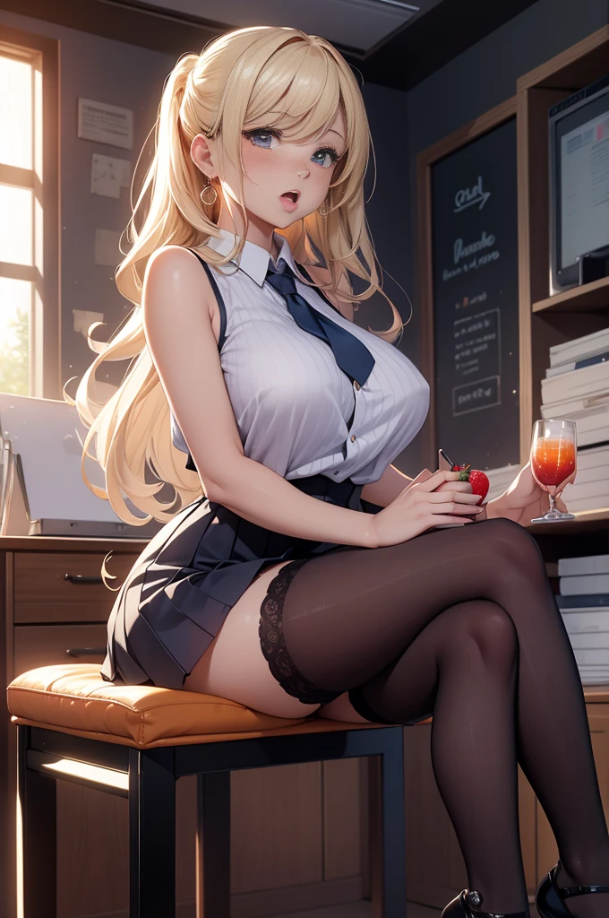 (masterpiece, best quality, 4k, photorealistic, cinematic, ultra-detailed), wide shot, full body, perfect anatomy, curvaceous body, long round legs, 1 girl, blonde hair, sitting in an office chair, crossing her legs, Lavender sleeveless blouse, baby blue pleated mini skirt, stockings, silver wedge heels, loose curls or a romantic bun, teardrop earrings, licking a strawberry, sweating, moaning with ecstasy, open mouth, blushing, nipples straining against fabric