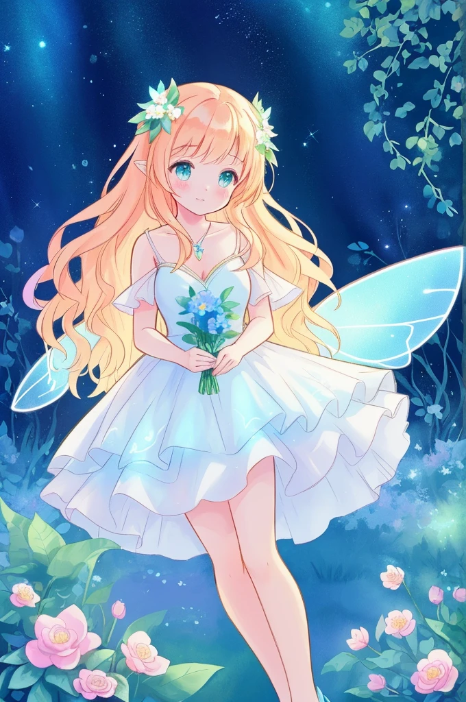 beautiful girl in flowing tiered layered ballgown dress, fairy dress, fairy queen, magical forest background, (glowing fairy wings), glowing flowing ballgown, long wavy hair, sparkling fairy wings, watercolor illustration, flowers and colorful plants, inspired by Glen Keane, inspired by Lois van Baarle, disney art style, by Lois van Baarle, glowing aura around her, by Glen Keane, jen bartel, glowing lights! digital painting, flowing glowing hair, glowing flowing hair, beautiful digital illustration, fantasia otherworldly landscape plants flowers, beautiful, masterpiece, best quality, anime disney style