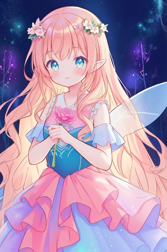 beautiful girl in flowing tiered layered ballgown dress, fairy dress, fairy queen, magical forest background, (glowing fairy wings), glowing flowing ballgown, long wavy hair, sparkling fairy wings, watercolor illustration, flowers and colorful plants, inspired by Glen Keane, inspired by Lois van Baarle, disney art style, by Lois van Baarle, glowing aura around her, by Glen Keane, jen bartel, glowing lights! digital painting, flowing glowing hair, glowing flowing hair, beautiful digital illustration, fantasia otherworldly landscape plants flowers, beautiful, masterpiece, best quality, anime disney style