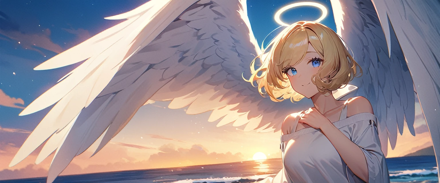 (((One girl))), flying in the sky, bare legs, ((angel, big big white wings:1.2, halo:1.3)), Uriel, ((wavy hair, outward curled hair)), evening, Sunset, sea, beach, ((blond hair, bob cut:1.3)), big breasts, ager, (looking at viewer), oversized clothes, puffy long sleeves, collarbone, ((off-shoulder sweater dress:1.3, Quite thick shoulder straps)), (((sleeves past wrists:1.3))), ((white sweater)), collarbone, head tilt:1.3, (((blue eye))), ((happy smile)), (((anime style))), (best quality, 4K, 8K, highres, masterpiece:1.2, ultra-detailed, ultra-detailed eyes, HDR, uhd, studio lighting, ultra-fine painting, sharp focus, physically-based rendering, extreme detail description, professional, vivid colors, bokeh), ((Highest quality, Best image quality, Ultra-high resolution, Ultra-high resolution, solo, Strong eye highlights)), Depth of written boundary, Natural soft light, attractive, Beautiful Face, Cleanliness, Pure Face, medium chest, Beautiful Face, Perfect Fingers, Perfect hands, Perfect body, Perfect Face, Shine a light into your eyes, Perfect Anatomy
