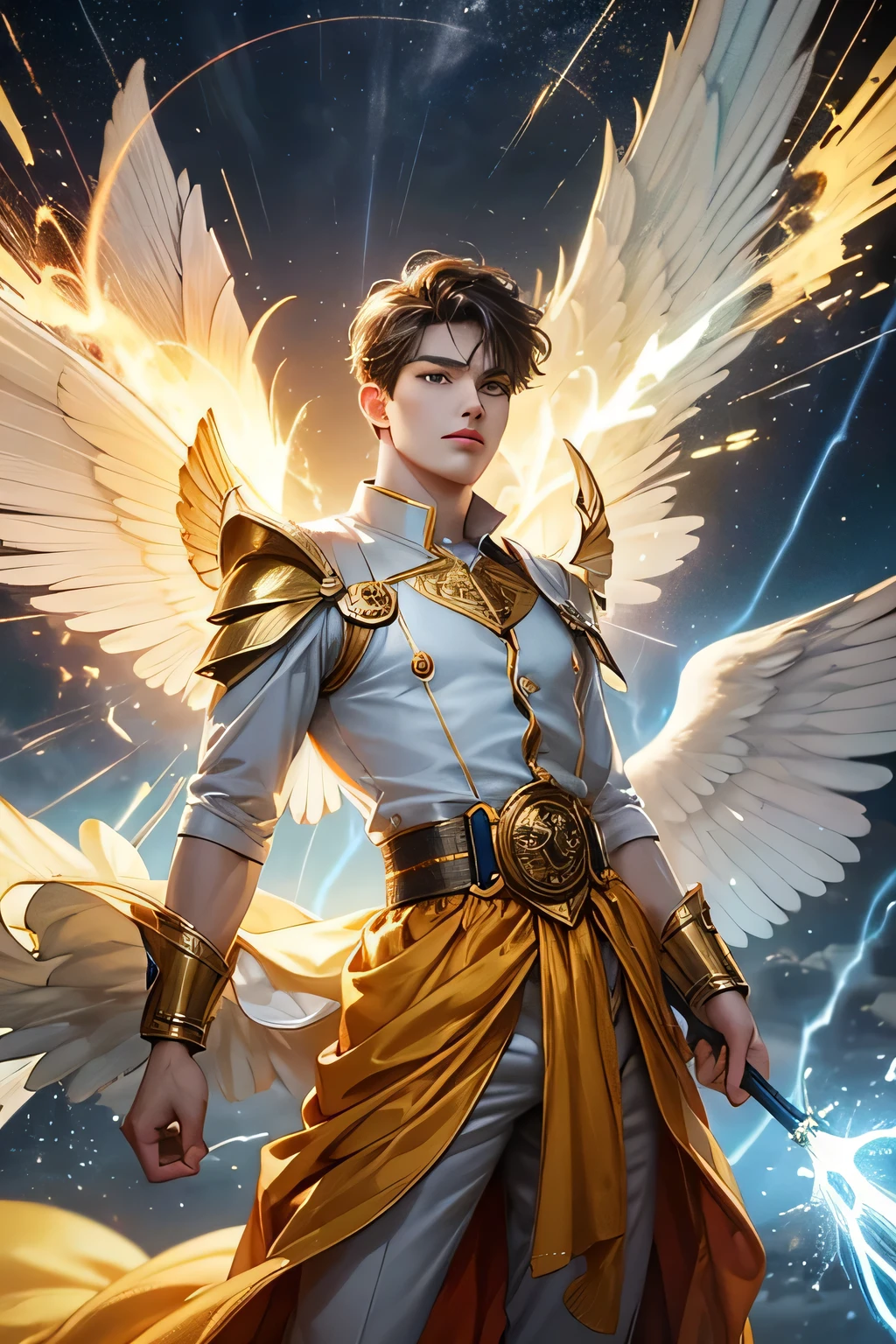 "Create an ultra-realistic image of a handsome, young male fairy, around 13 years old, with magnificent large wings that capture the essence of the sky and thunder. He should be holding a magical staff that emanates the energy of the sky and crackling thunder. Dress him in an elegant, varied yellow outfit that reflects the brilliance and dynamism of the sky. Surround him with elements like swirling clouds and flashes of lightning to showcase his connection to these elements. Include a distinct sky or thunder symbol or design on his body, signifying his role as the keeper of the deep sky and thunder, and highlighting the powerful celestial energy he embodies within him."