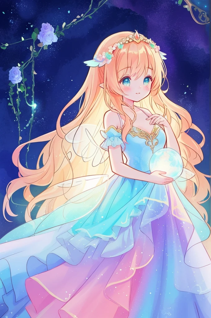 beautiful girl in flowing tiered layered ballgown dress, fairy dress, fairy queen, magical forest background, (glowing fairy wings), glowing flowing ballgown, long wavy hair, sparkling fairy wings, watercolor illustration, flowers and colorful plants, inspired by Glen Keane, inspired by Lois van Baarle, disney art style, by Lois van Baarle, glowing aura around her, by Glen Keane, jen bartel, glowing lights! digital painting, flowing glowing hair, glowing flowing hair, beautiful digital illustration, fantasia otherworldly landscape plants flowers, beautiful, masterpiece, best quality, anime disney style