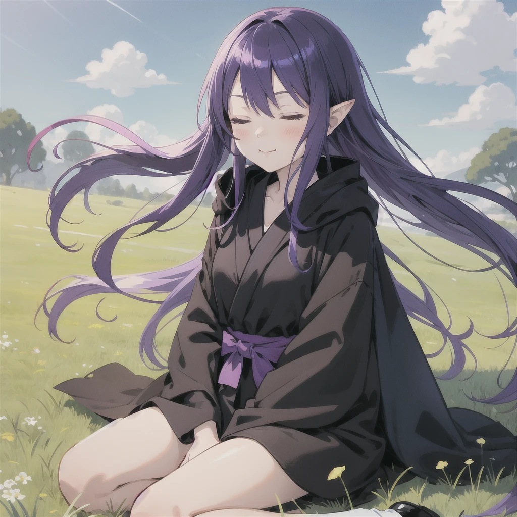 anime girl long purple hair wearing a black Robe. she has pointy ears. Manga kawaii. iridescent ,An illustration, 0ne person .Sitting in the grass, hair blowing in the wind, Eyes closed