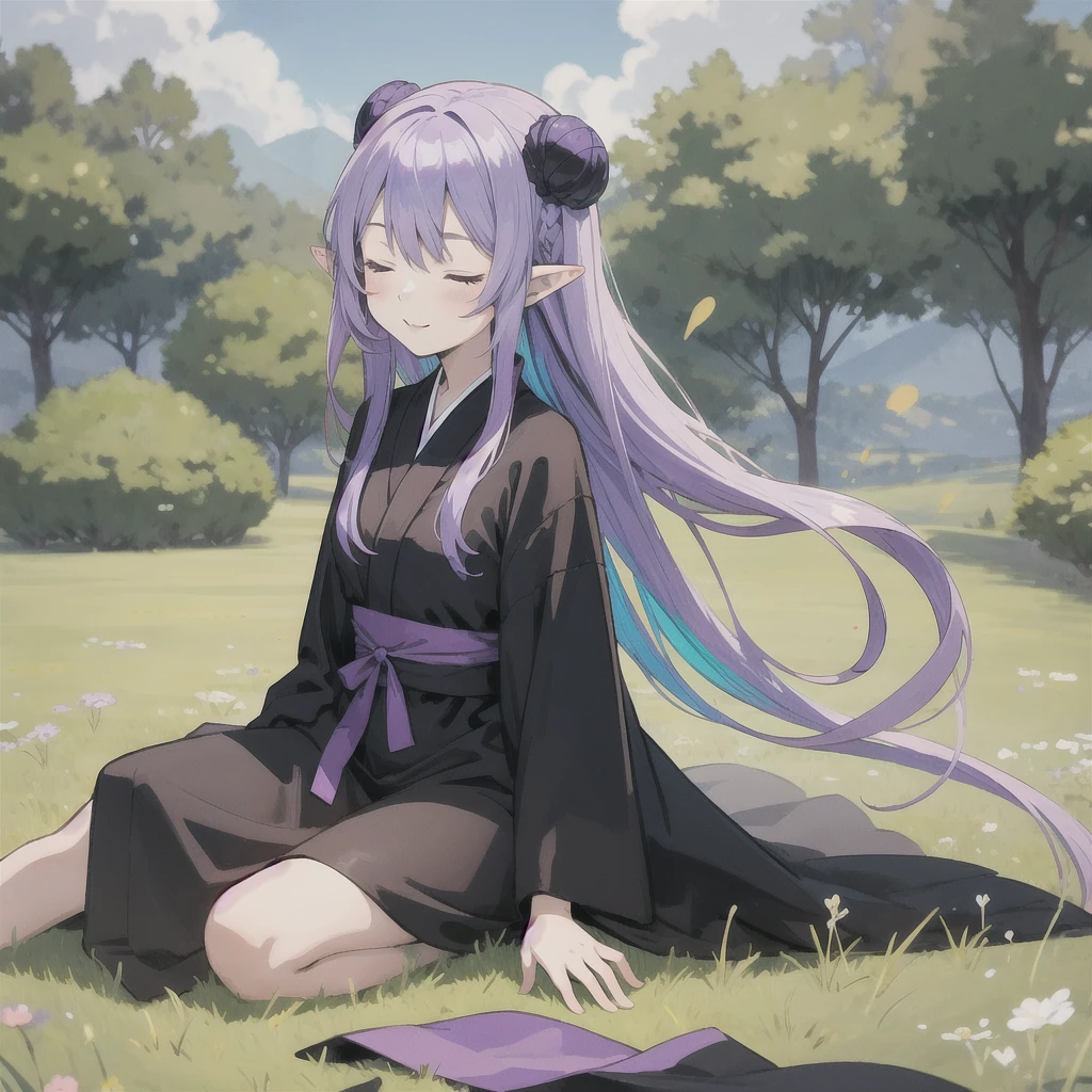 anime girl long purple hair wearing a black Robe. she has pointy ears. Manga kawaii. iridescent ,An illustration, 0ne person .Sitting in the grass, hair blowing in the wind, Eyes closed