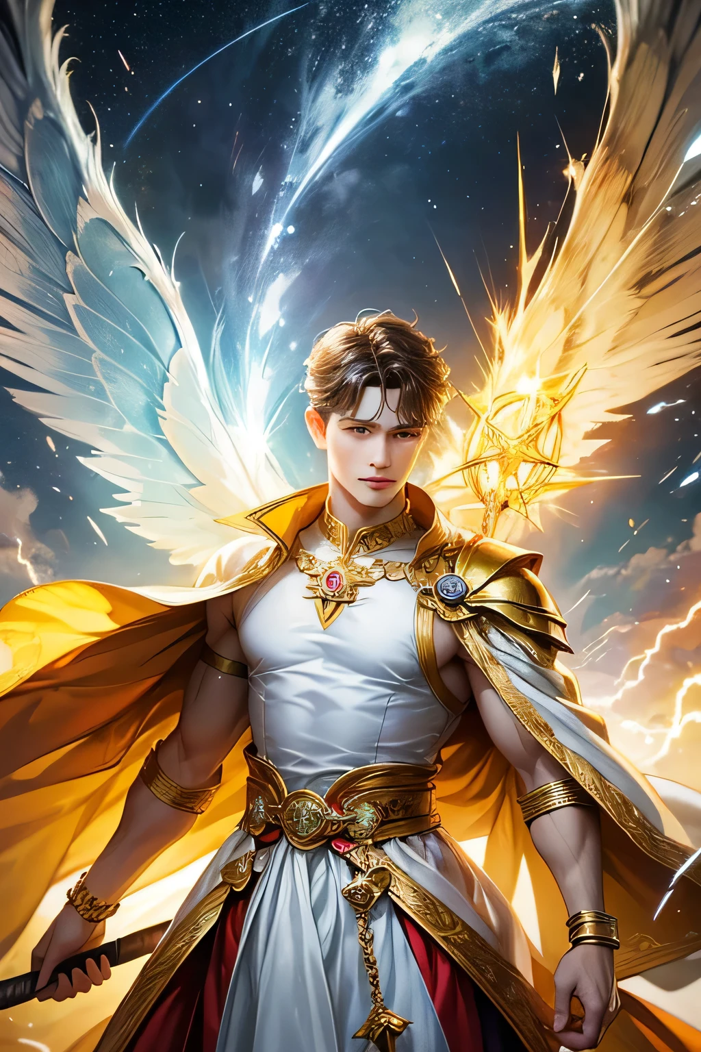 "Create an ultra-realistic image of a handsome, young male fairy, around 13 years old, with magnificent large wings that capture the essence of the sky and thunder. He should be holding a magical staff that emanates the energy of the sky and crackling thunder. Dress him in an elegant, varied yellow outfit that reflects the brilliance and dynamism of the sky. Surround him with elements like swirling clouds and flashes of lightning to showcase his connection to these elements. Include a distinct sky or thunder symbol or design on his body, signifying his role as the keeper of the deep sky and thunder, and highlighting the powerful celestial energy he embodies within him."
