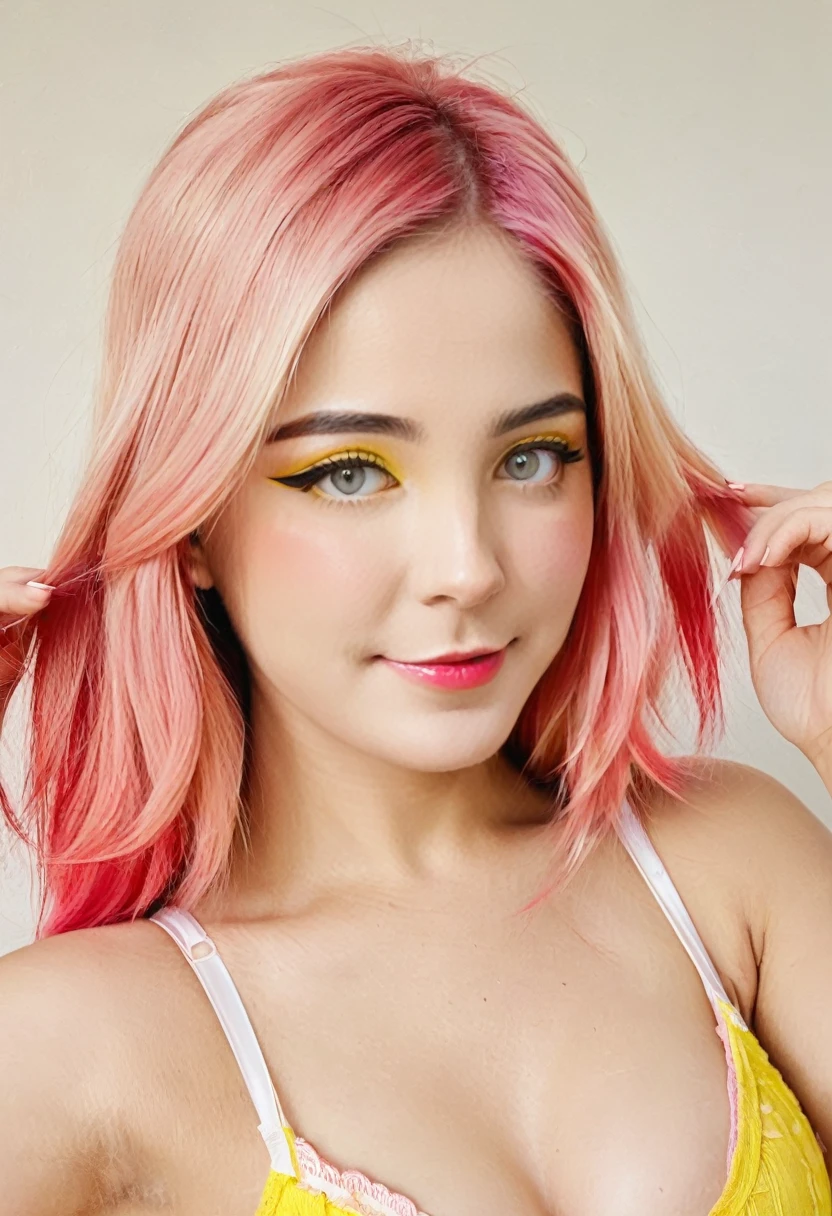 (Masterpiece, Best Quality:1.2), 1 girl, just girl, flaquita, perfect body,white,Nice smile,((detailed face)),daring clothing,pink cheeks, Yellow hair, eyeliner