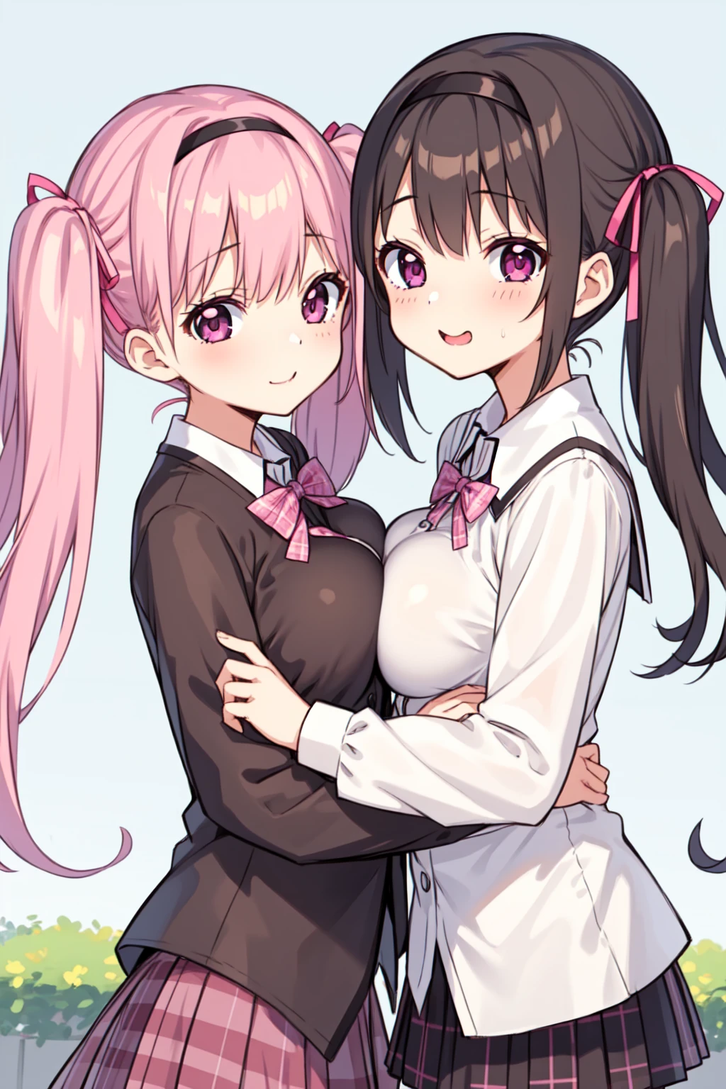 2girls, akemi homura, alternate breast size, black hair, day, bow, breast press,   long hair, looking at viewer, mitakihara , multiple girls, pink eyes, pink hair, plaid, plaid skirt, purple eyes, ribbon,  short hair, short twintails, skirt, symmetrical docking, twintails, white background, (((yuri,outdoors,潰れた大きい胸))),NSFW