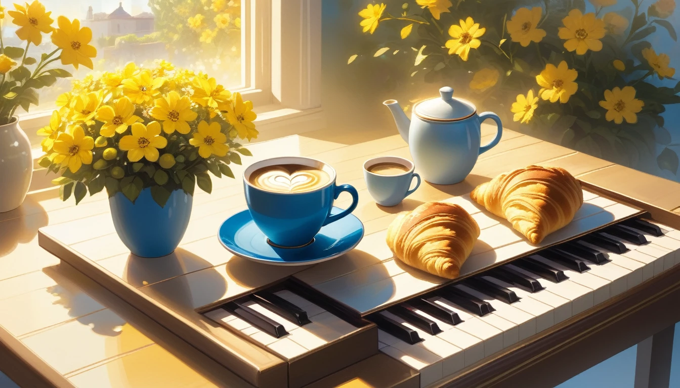 Create an image featuring a cozy morning scene with a focus on a cup of coffee with heart-shaped latte art. The setting includes a piano in the background, indicating a musical theme. The table holds the coffee cup, which is placed on an intricately designed blue saucer with white floral patterns. Accompanying the coffee are freshly baked croissants and scattered berries, adding to the breakfast theme. Sunlight filters through, casting warm tones over the scene and highlighting vibrant yellow flowers in a pot nearby, suggesting a peaceful and inviting atmosphere.