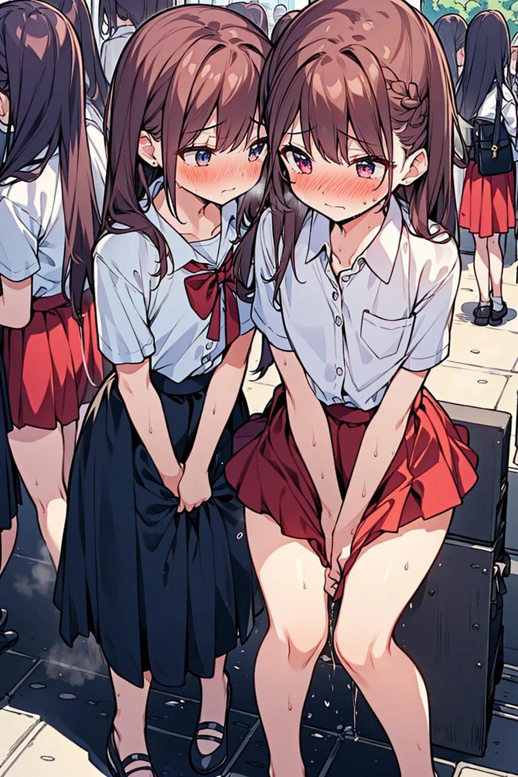 (ultra-detailed, best quality, anatomically perfect body), shiny skin, (Various girls), (have to pee), (very desperate to pee:1.2), (public restroom entrance), (waiting for restroom with line of girls in queue:1.4), clean interior, (standing), (various kind tops), (various long skirt:1.4), (flats, various hairstyle), various bag, (knees together and feet apart:1.2), (Rub each other's thighs:1.2), leaning forward, (hand between legs), (holding the crotch:1.1), (restless), (nose blush:1.1), (embarrassment1.3), flowing sweat, (parted ilps), (erotic body twist:1.2), (breathless), tearful, (looking away), (full body:1.1), from side, (very Bright:1.2),peeing